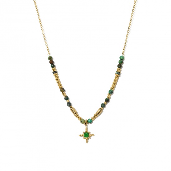 Immagine di 1 Pz Placcatura Sottovuoto Retrò Stile Bohemien 18K Vero Oro Placcato 304 Acciaio Inossidabile & Pietra Cavo Catena Stella Collana con Ciondolo Per Donne Anniversario 38cm Lunghezza