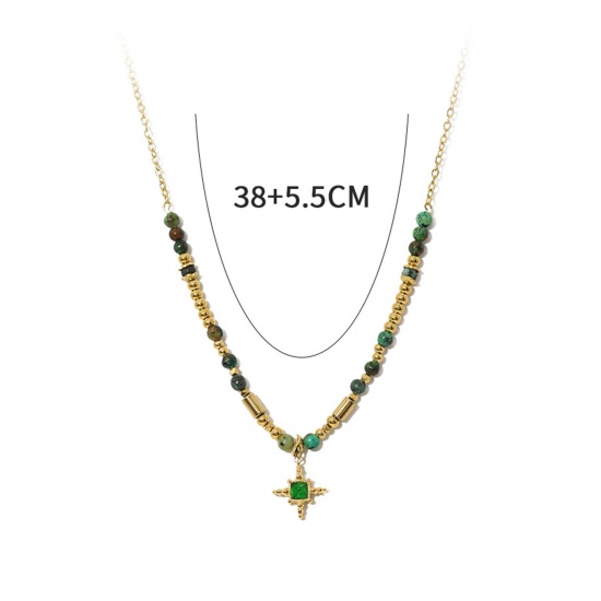 Immagine di 1 Pz Placcatura Sottovuoto Retrò Stile Bohemien 18K Vero Oro Placcato 304 Acciaio Inossidabile & Pietra Cavo Catena Stella Collana con Ciondolo Per Donne Anniversario 38cm Lunghezza