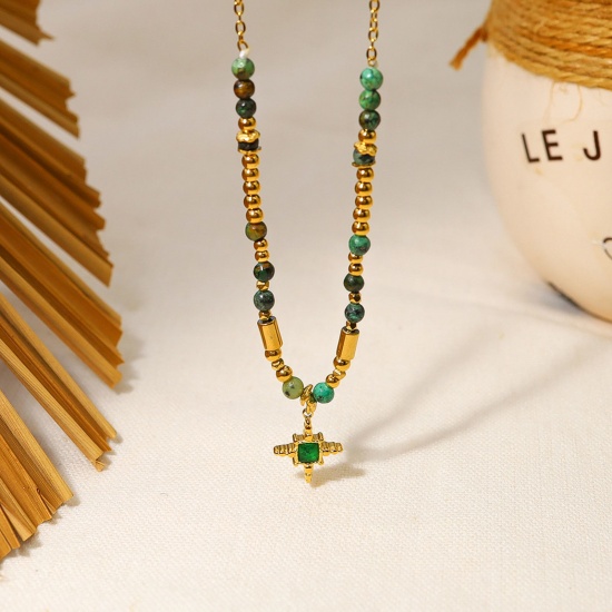 Immagine di 1 Pz Placcatura Sottovuoto Retrò Stile Bohemien 18K Vero Oro Placcato 304 Acciaio Inossidabile & Pietra Cavo Catena Stella Collana con Ciondolo Per Donne Anniversario 38cm Lunghezza