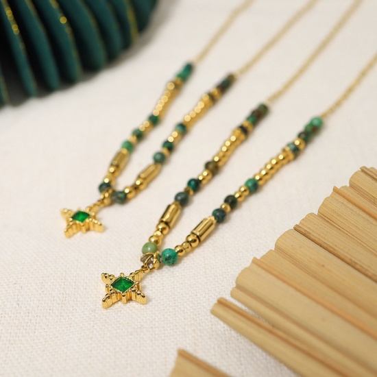 Immagine di 1 Pz Placcatura Sottovuoto Retrò Stile Bohemien 18K Vero Oro Placcato 304 Acciaio Inossidabile & Pietra Cavo Catena Stella Collana con Ciondolo Per Donne Anniversario 38cm Lunghezza