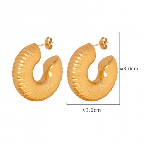 Picture of 1 Pair Eco-friendly Vacuum Plating Hip Hop Simple 18K Real Gold Plated 304 Stainless Steel C Shape Stripe Hoop Earrings Unisex Party 3cm x 3cm