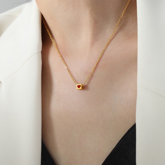 Picture of 1 Piece Vacuum Plating Retro Stylish 18K Real Gold Plated 304 Stainless Steel Link Cable Chain Dice Heart Enamel Pendant Necklace Unisex Party 40cm(15 6/8") long