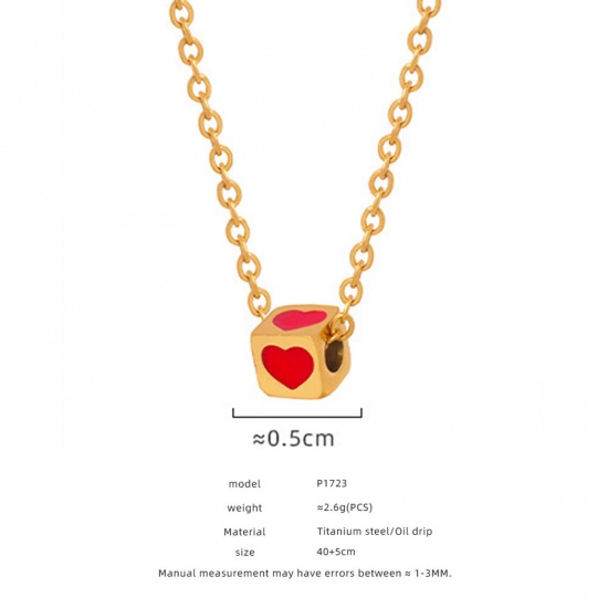 Picture of 1 Piece Vacuum Plating Retro Stylish 18K Real Gold Plated 304 Stainless Steel Link Cable Chain Dice Heart Enamel Pendant Necklace Unisex Party 40cm(15 6/8") long