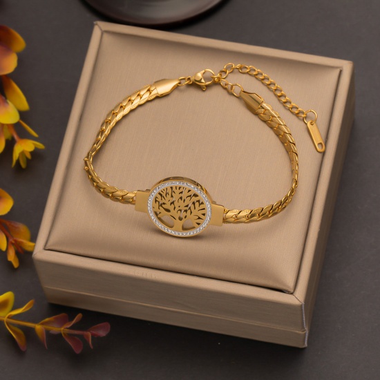 Picture of 1 Piece Eco-friendly Simple & Casual Stylish 18K Gold Color 304 Stainless Steel Flower Chain Necklace Round Tree of Life Charm Bracelets Unisex Party 20cm(7 7/8") long