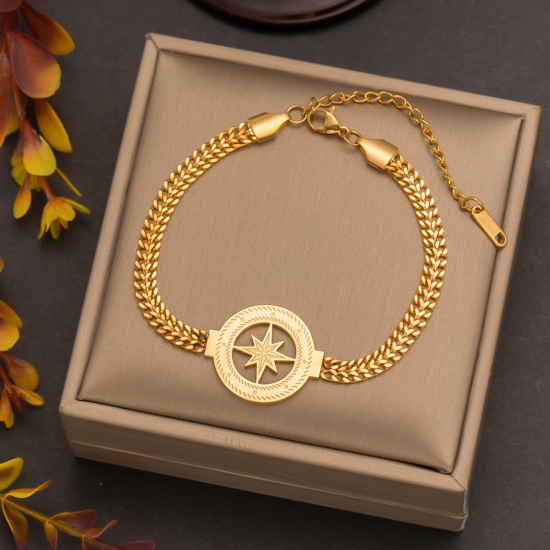 Picture of 1 Piece Eco-friendly Simple & Casual Stylish 18K Gold Color 304 Stainless Steel Flower Chain Necklace Circle Ring Star Charm Bracelets Unisex Party 20cm(7 7/8") long