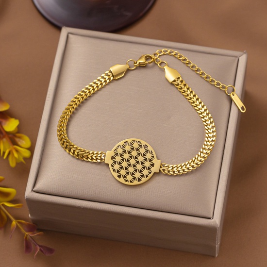 Picture of 1 Piece Eco-friendly Simple & Casual Stylish 18K Gold Color 304 Stainless Steel Flower Chain Necklace Round Mesh Charm Bracelets Unisex Party 20cm(7 7/8") long