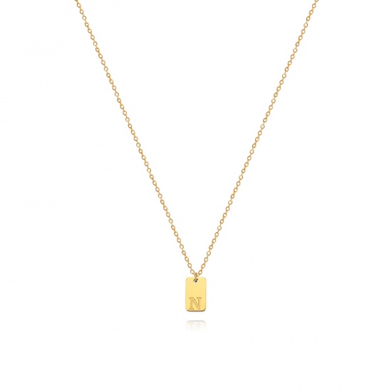 Picture of 1 Piece Vacuum Plating Simple & Casual Stylish 18K Gold Plated 304 Stainless Steel Link Cable Chain Rectangle Initial Alphabet/ Capital Letter Message " N " Pendant Necklace For Women Mother's Day 40cm(15 6/8") long