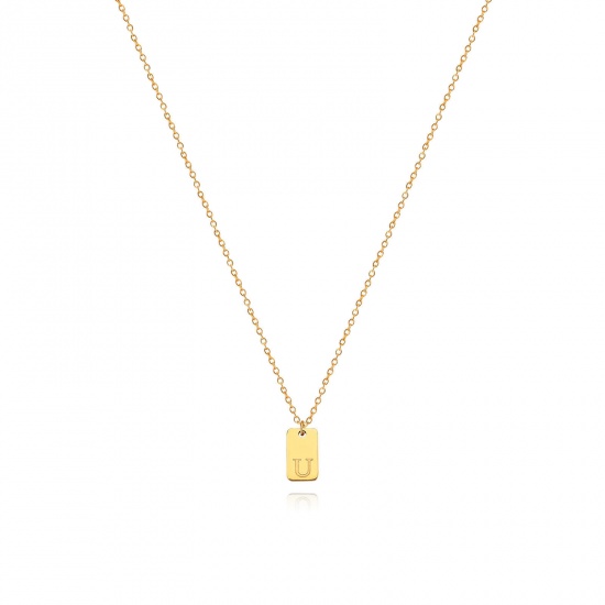 Picture of 1 Piece Vacuum Plating Simple & Casual Stylish 18K Gold Plated 304 Stainless Steel Link Cable Chain Rectangle Initial Alphabet/ Capital Letter Message " U " Pendant Necklace For Women Mother's Day 40cm(15 6/8") long