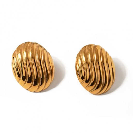 Picture of 1 Pair Eco-friendly Vacuum Plating Stylish Retro 18K Real Gold Plated 304 Stainless Steel Oval Spiral Ear Post Stud Earrings For Women Party 3.2cm x 2.7cm