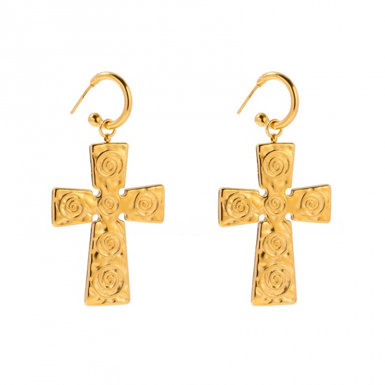 Picture of 1 Pair Eco-friendly Vacuum Plating Retro Style Of Royal Court Character 18K Real Gold Plated 304 Stainless Steel Cross Spiral Earrings For Women Party 6cm x 3cm