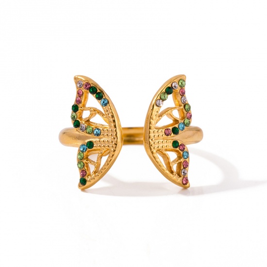 Bild von 1 Stück Umweltfreundliche Vakuumbeschichtung Süß Stilvoll 18K Echtgold plattiert 304 Edelstahl & Strass Offen Verstellbar Schmetterling Ring Für Frauen Jubiläum 17mm (US Größe 6,5)