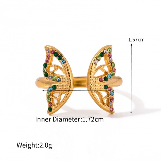 Bild von 1 Stück Umweltfreundliche Vakuumbeschichtung Süß Stilvoll 18K Echtgold plattiert 304 Edelstahl & Strass Offen Verstellbar Schmetterling Ring Für Frauen Jubiläum 17mm (US Größe 6,5)