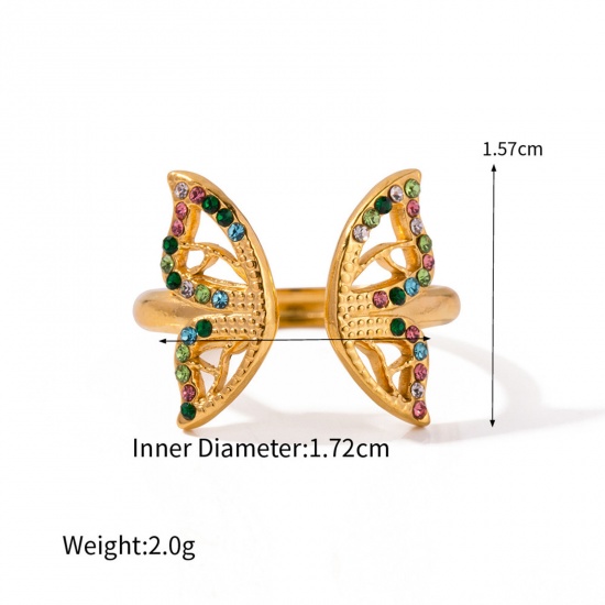 Immagine di 1 Pz Placcatura Sottovuoto Ecologica Dolce & Carino Elegante 18K Oro riempito 304 Acciaio Inossidabile & Strass Aperto Regolabile Farfalla Anello Per Donne Anniversario 17mm (taglia di US: 6.5)