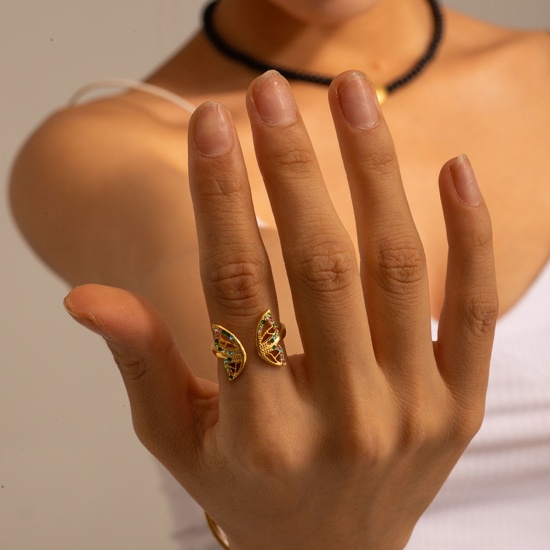 Bild von 1 Stück Umweltfreundliche Vakuumbeschichtung Süß Stilvoll 18K Echtgold plattiert 304 Edelstahl & Strass Offen Verstellbar Schmetterling Ring Für Frauen Jubiläum 17mm (US Größe 6,5)