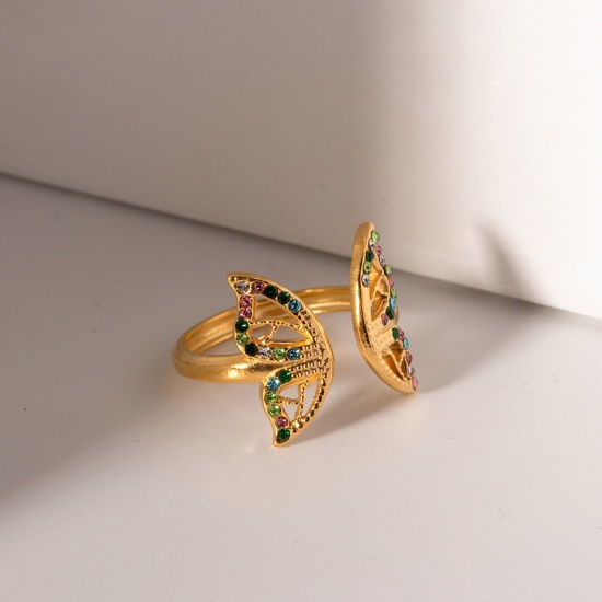 Bild von 1 Stück Umweltfreundliche Vakuumbeschichtung Süß Stilvoll 18K Echtgold plattiert 304 Edelstahl & Strass Offen Verstellbar Schmetterling Ring Für Frauen Jubiläum 17mm (US Größe 6,5)