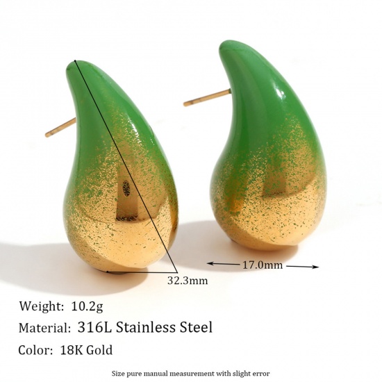 Picture of 1 Pair Eco-friendly Stylish Christmas 18K Real Gold Plated Black 316L Stainless Steel Cashew Drop Painted Ear Post Stud Earrings For Women Party 3.2cm x 1.7cm