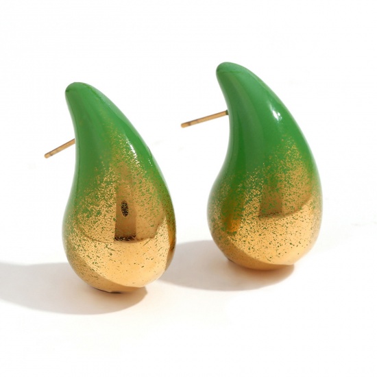 Picture of 1 Pair Eco-friendly Stylish Christmas 18K Real Gold Plated Green 316L Stainless Steel Cashew Drop Painted Ear Post Stud Earrings For Women Party 3.2cm x 1.7cm