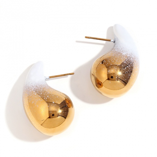 Picture of 1 Pair Eco-friendly Stylish Christmas 18K Real Gold Plated White 316L Stainless Steel Cashew Drop Painted Ear Post Stud Earrings For Women Party 3.2cm x 1.7cm