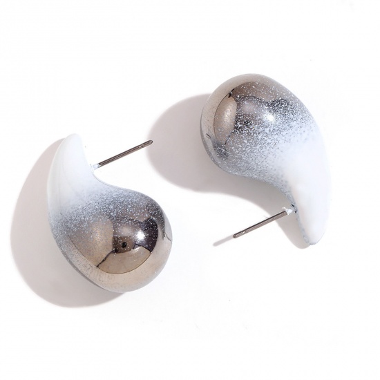 Picture of 1 Pair Eco-friendly Stylish Christmas Real Platinum Plated White 316L Stainless Steel Cashew Drop Painted Ear Post Stud Earrings For Women Party 3.2cm x 1.7cm