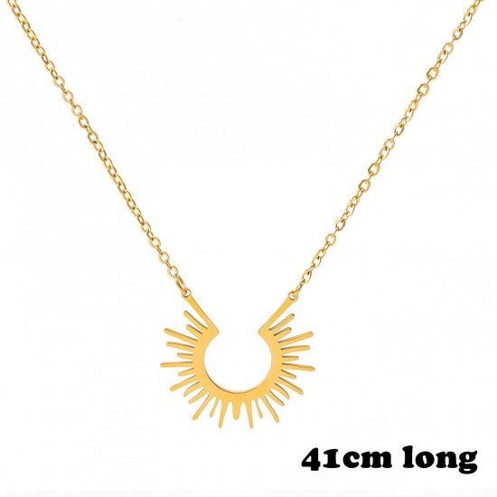 Picture of 1 Piece Vacuum Plating Simple & Casual Galaxy 18K Real Gold Plated 304 Stainless Steel Link Cable Chain Sun Rays Pendant Necklace For Women Party 41cm(16 1/8") long