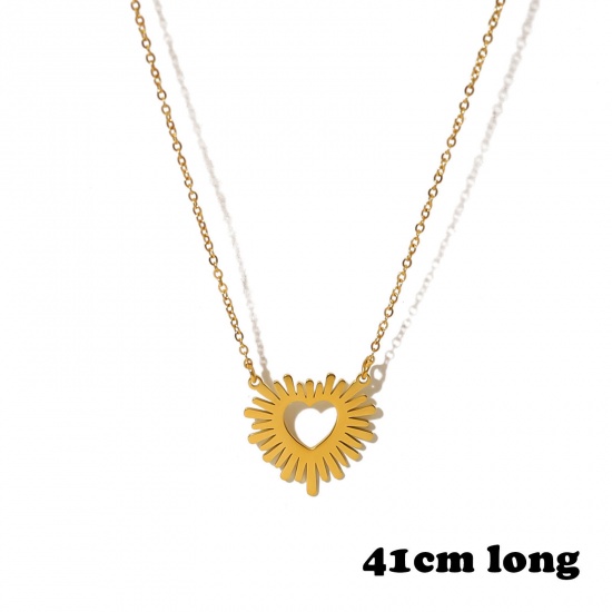 Picture of 1 Piece Vacuum Plating Simple & Casual Galaxy 18K Real Gold Plated 304 Stainless Steel Link Cable Chain Heart Sun Rays Pendant Necklace For Women Party 41cm(16 1/8") long