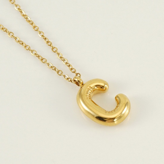 Picture of 1 Piece Eco-friendly Vacuum Plating Sweet & Cute Stylish 18K Real Gold Plated 304 Stainless Steel Link Cable Chain Initial Alphabet/ Capital Letter Message " C " Pendant Necklace For Women Mother's Day 45cm(17 6/8") long