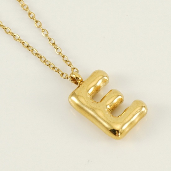 Picture of 1 Piece Eco-friendly Vacuum Plating Sweet & Cute Stylish 18K Real Gold Plated 304 Stainless Steel Link Cable Chain Initial Alphabet/ Capital Letter Message " E " Pendant Necklace For Women Mother's Day 45cm(17 6/8") long