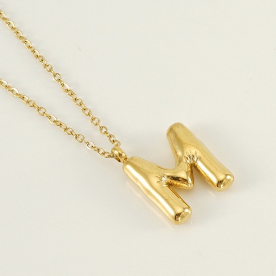 Picture of 1 Piece Eco-friendly Vacuum Plating Sweet & Cute Stylish 18K Real Gold Plated 304 Stainless Steel Link Cable Chain Initial Alphabet/ Capital Letter Message " M " Pendant Necklace For Women Mother's Day 45cm(17 6/8") long