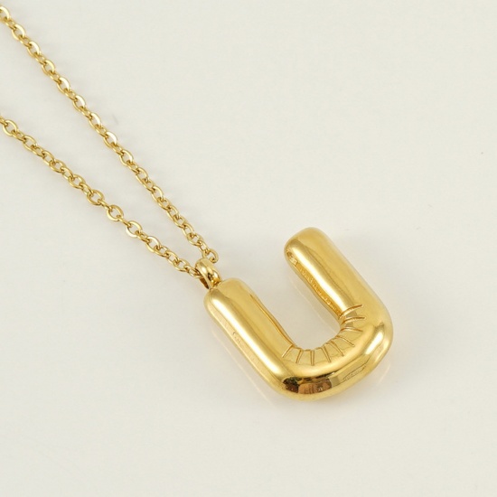 Picture of 1 Piece Eco-friendly Vacuum Plating Sweet & Cute Stylish 18K Real Gold Plated 304 Stainless Steel Link Cable Chain Initial Alphabet/ Capital Letter Message " U " Pendant Necklace For Women Mother's Day 45cm(17 6/8") long