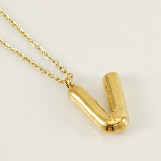 Picture of 1 Piece Eco-friendly Vacuum Plating Sweet & Cute Stylish 18K Real Gold Plated 304 Stainless Steel Link Cable Chain Initial Alphabet/ Capital Letter Message " V " Pendant Necklace For Women Mother's Day 45cm(17 6/8") long