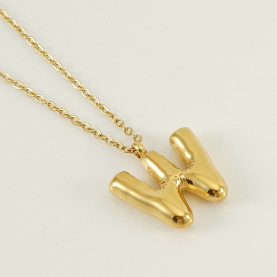 Picture of 1 Piece Eco-friendly Vacuum Plating Sweet & Cute Stylish 18K Real Gold Plated 304 Stainless Steel Link Cable Chain Initial Alphabet/ Capital Letter Message " W " Pendant Necklace For Women Mother's Day 45cm(17 6/8") long