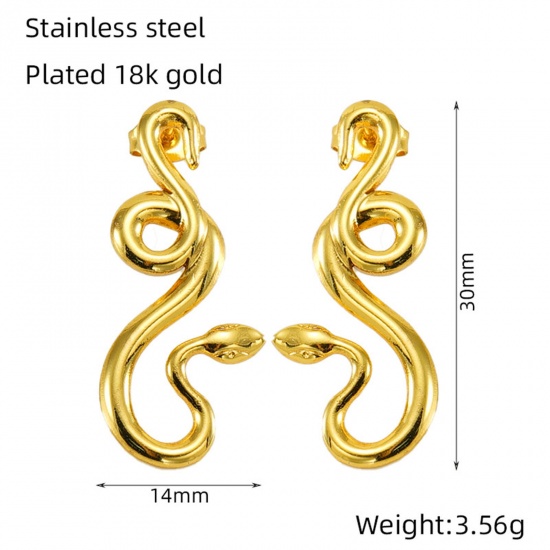 Picture of 1 Pair Eco-friendly Vacuum Plating Retro Stylish 18K Gold Color 304 Stainless Steel Snake Animal Ear Post Stud Earrings For Women Birthday 3cm x 1.4cm