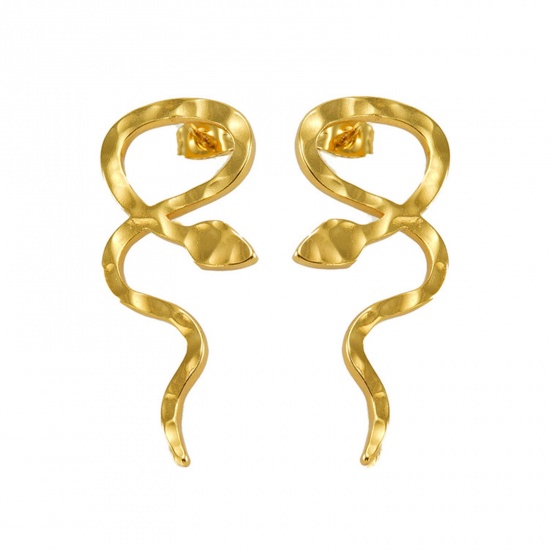 Picture of 1 Pair Eco-friendly Vacuum Plating Retro Stylish 18K Gold Color 304 Stainless Steel Snake Animal Ear Post Stud Earrings For Women Birthday 3.9cm x 1.7cm