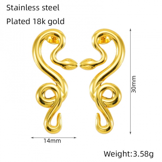 Picture of 1 Pair Eco-friendly Vacuum Plating Retro Stylish 18K Gold Color 304 Stainless Steel Snake Animal Ear Post Stud Earrings For Women Birthday 3cm x 1.4cm