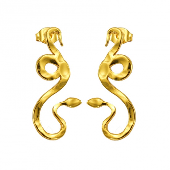 Picture of 1 Pair Eco-friendly Vacuum Plating Retro Stylish 18K Gold Color 304 Stainless Steel Snake Animal Ear Post Stud Earrings For Women Birthday 3cm x 1.3cm