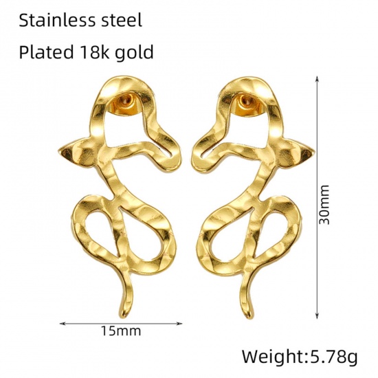 Picture of 1 Pair Eco-friendly Vacuum Plating Retro Stylish 18K Gold Color 304 Stainless Steel Snake Animal Ear Post Stud Earrings For Women Birthday 4cm x 2.7cm