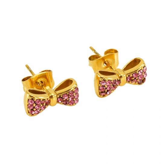 Picture of 1 Pair Eco-friendly Vacuum Plating Sweet & Cute Ins Style 18K Gold Color 304 Stainless Steel & Rhinestone Bowknot Ear Post Stud Earrings For Women Birthday 11mm x 5mm
