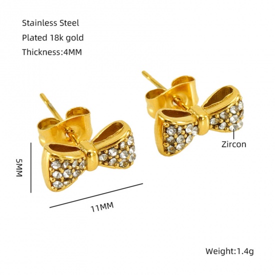 Picture of 1 Pair Eco-friendly Vacuum Plating Sweet & Cute Ins Style 18K Gold Color 304 Stainless Steel & Rhinestone Bowknot Ear Post Stud Earrings For Women Birthday 11mm x 5mm