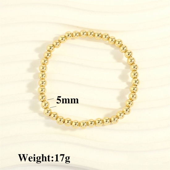 Picture of 1 Piece Eco-friendly Vacuum Plating Simple & Casual Stacking 18K Real Gold Plated Brass Elastic Dainty Bracelets Delicate Bracelets 5mm Beaded Bracelet Unisex Party 16cm(6 2/8") - 18cm(7 1/8") long