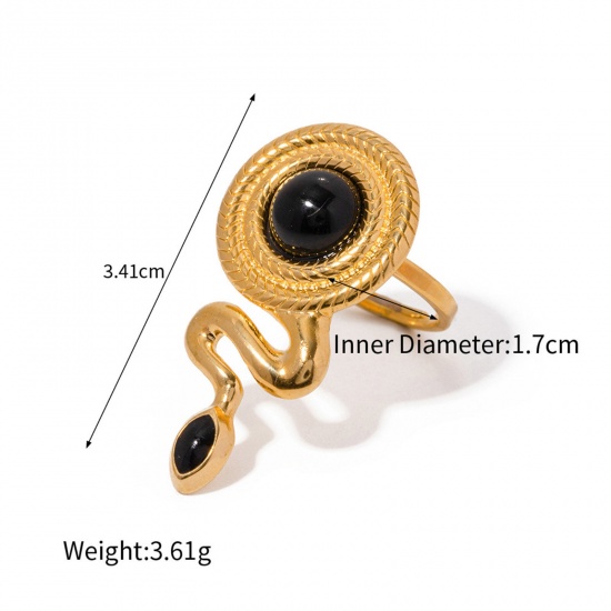 Picture of 1 Piece Eco-friendly Vacuum Plating Stylish Retro 18K Real Gold Plated 304 Stainless Steel & Stone Open Adjustable Snake Animal Rings For Women Party 17mm(US Size 6.5)