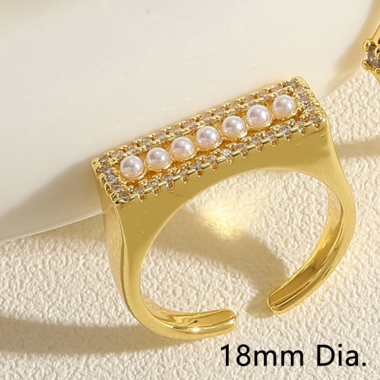 Picture of 1 Piece Eco-friendly Vacuum Plating Stylish Ins Style 14K Real Gold Plated Brass & Cubic Zirconia Open Adjustable Rectangle Imitation Pearl Rings For Women 18mm(US Size 7.75)
