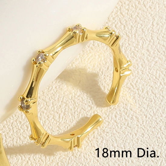 Imagen de 1 Unidad Enchapado al Vacío Ecológico Elegante Estilo Ins 14K Oro Real Chappado Cobre+ Circón Artificial Abierto Ajustable De forma Bambú Anillos Para Mujeres 18mm (US Size 7.75)