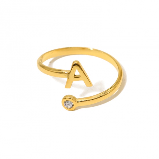 Picture of 1 Piece Eco-friendly Vacuum Plating Simple & Casual Stylish 18K Real Gold Plated 304 Stainless Steel & Rhinestone Open Adjustable Capital Alphabet/ Letter Message " A " Rings For Women Birthday 18mm(US Size 7.75)