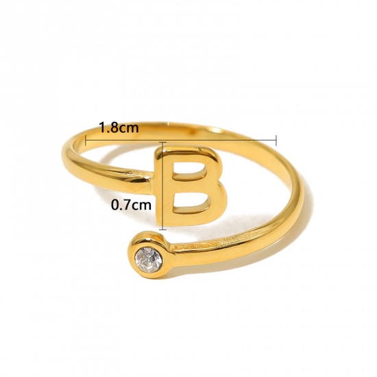 Picture of 1 Piece Eco-friendly Vacuum Plating Simple & Casual Stylish 18K Real Gold Plated 304 Stainless Steel & Rhinestone Open Adjustable Capital Alphabet/ Letter Message " A " Rings For Women Birthday 18mm(US Size 7.75)