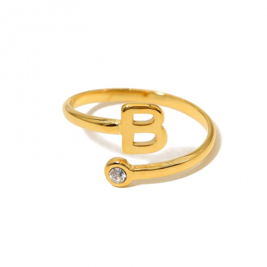 Picture of 1 Piece Eco-friendly Vacuum Plating Simple & Casual Stylish 18K Real Gold Plated 304 Stainless Steel & Rhinestone Open Adjustable Capital Alphabet/ Letter Message " B " Rings For Women Birthday 18mm(US Size 7.75)