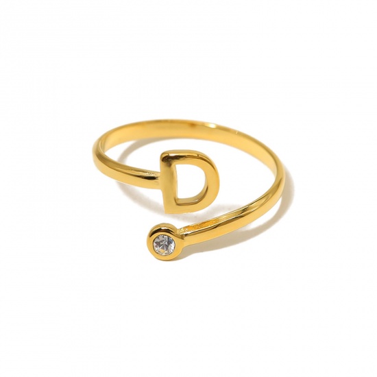 Picture of 1 Piece Eco-friendly Vacuum Plating Simple & Casual Stylish 18K Real Gold Plated 304 Stainless Steel & Rhinestone Open Adjustable Capital Alphabet/ Letter Message " D " Rings For Women Birthday 18mm(US Size 7.75)