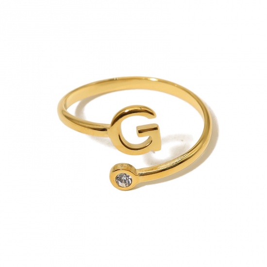 Picture of 1 Piece Eco-friendly Vacuum Plating Simple & Casual Stylish 18K Real Gold Plated 304 Stainless Steel & Rhinestone Open Adjustable Capital Alphabet/ Letter Message " G " Rings For Women Birthday 18mm(US Size 7.75)