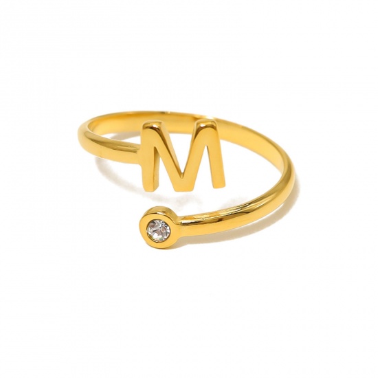 Bild von 1 Stück Umweltfreundliche Vakuumbeschichtung Einfach und lässig Stilvoll 18K Echtgold plattiert 304 Edelstahl & Strass Offen Verstellbar Buchstabe Message " M " Ring Für Frauen Geburtstag 18mm (US Größe 7,75)