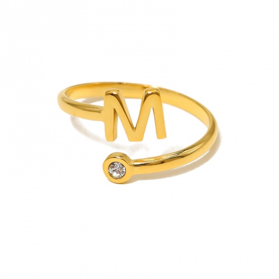 Picture of 1 Piece Eco-friendly Vacuum Plating Simple & Casual Stylish 18K Real Gold Plated 304 Stainless Steel & Rhinestone Open Adjustable Capital Alphabet/ Letter Message " M " Rings For Women Birthday 18mm(US Size 7.75)