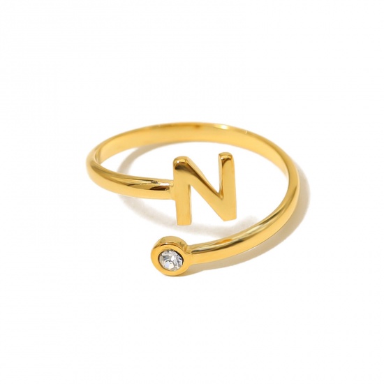 Picture of 1 Piece Eco-friendly Vacuum Plating Simple & Casual Stylish 18K Real Gold Plated 304 Stainless Steel & Rhinestone Open Adjustable Capital Alphabet/ Letter Message " N " Rings For Women Birthday 18mm(US Size 7.75)